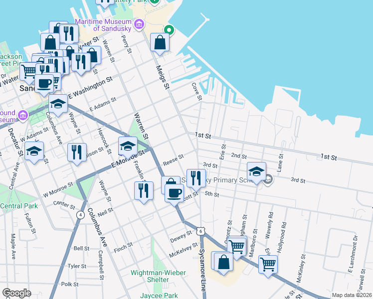 map of restaurants, bars, coffee shops, grocery stores, and more near 716 Perry Street in Sandusky