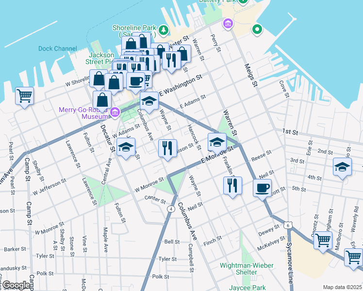 map of restaurants, bars, coffee shops, grocery stores, and more near 532 Wayne Street in Sandusky