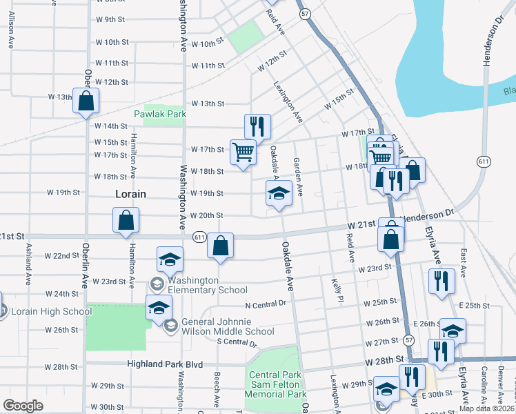 map of restaurants, bars, coffee shops, grocery stores, and more near 1939 Long Avenue in Lorain