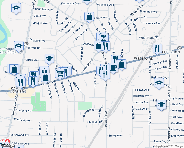 map of restaurants, bars, coffee shops, grocery stores, and more near 15207 Lorain Avenue in Cleveland