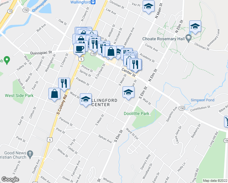map of restaurants, bars, coffee shops, grocery stores, and more near 123 South Main Street in Wallingford
