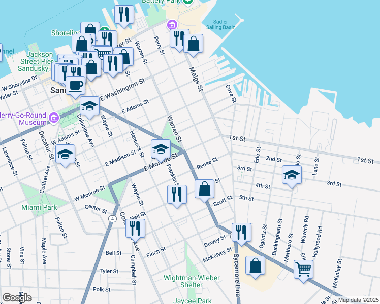 map of restaurants, bars, coffee shops, grocery stores, and more near 520 East Monroe Street in Sandusky
