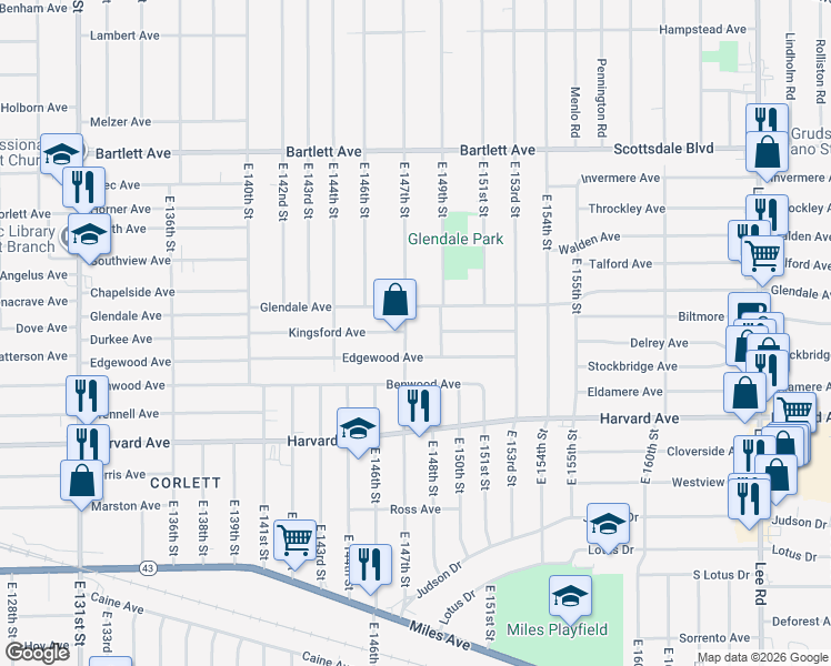 map of restaurants, bars, coffee shops, grocery stores, and more near 3926 East 149th Street in Cleveland