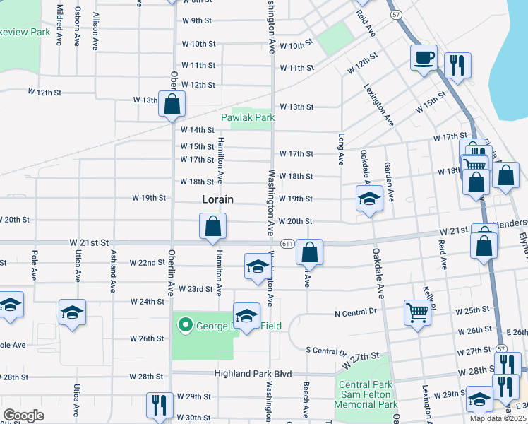 map of restaurants, bars, coffee shops, grocery stores, and more near 1928 Washington Avenue in Lorain