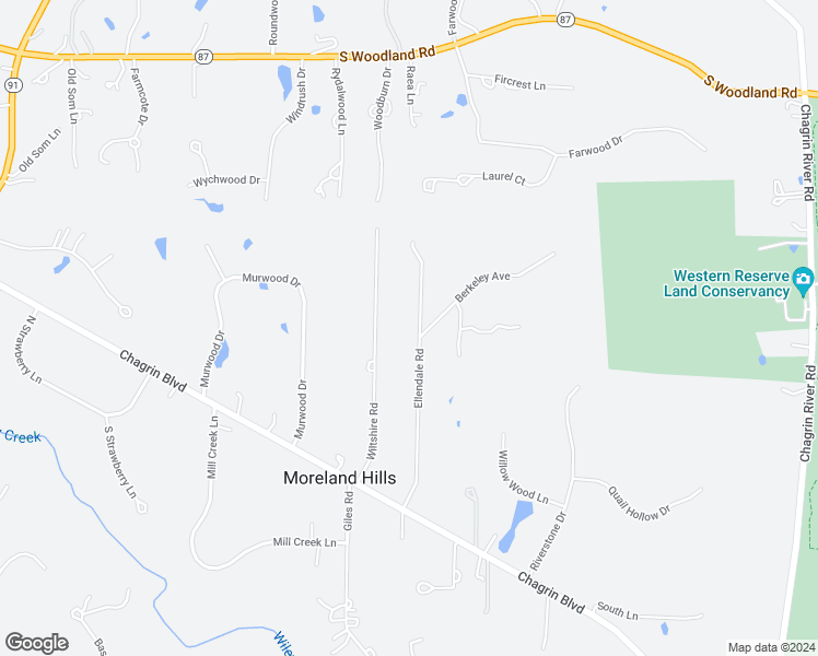 map of restaurants, bars, coffee shops, grocery stores, and more near 3870 Ellendale Road in Moreland Hills