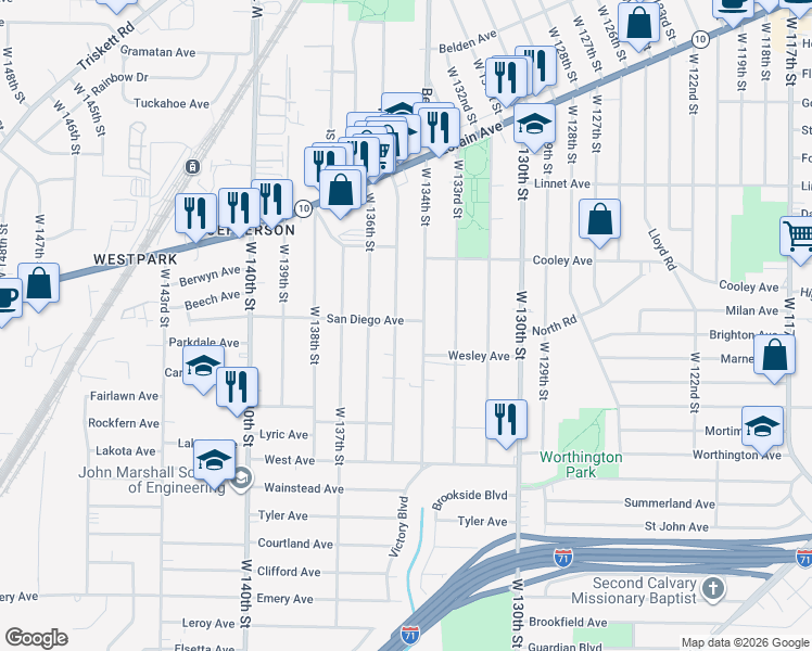 map of restaurants, bars, coffee shops, grocery stores, and more near in Cleveland