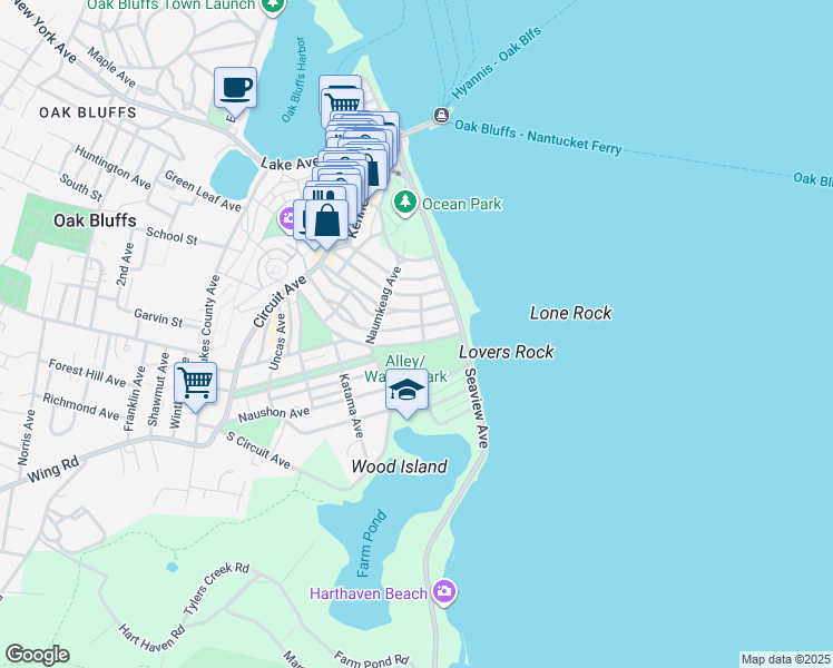 map of restaurants, bars, coffee shops, grocery stores, and more near 21 Pennacook Avenue in Oak Bluffs