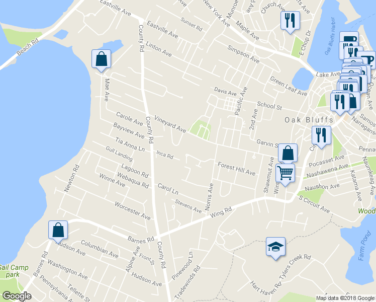 map of restaurants, bars, coffee shops, grocery stores, and more near 57 Roger's Way in Oak Bluffs