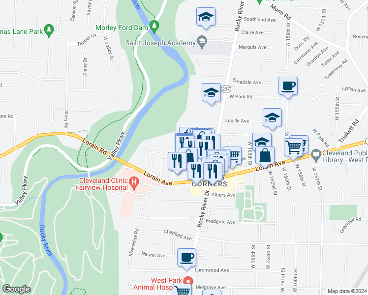 map of restaurants, bars, coffee shops, grocery stores, and more near 17501 Oxford Avenue in Cleveland