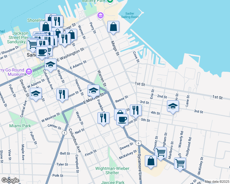 map of restaurants, bars, coffee shops, grocery stores, and more near 520 East Monroe Street in Sandusky