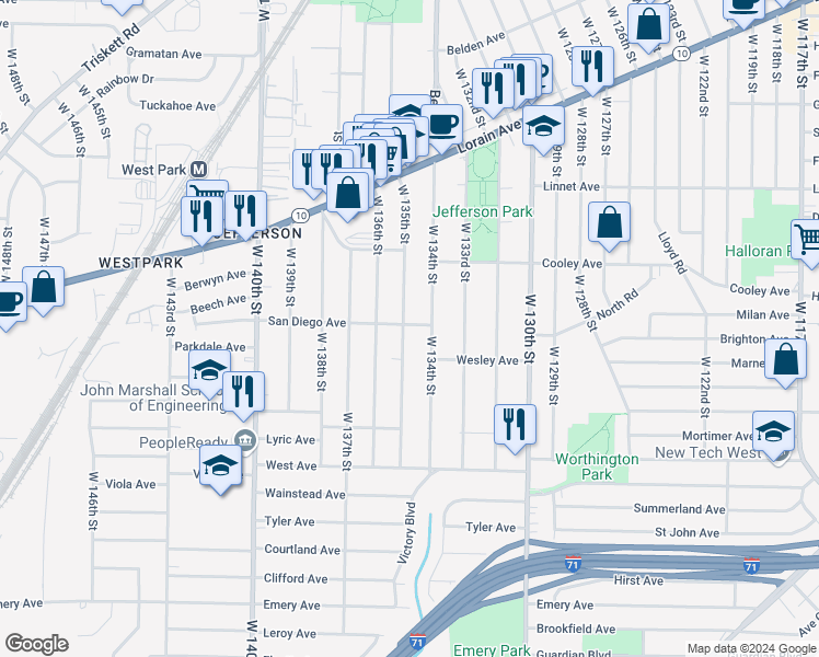 map of restaurants, bars, coffee shops, grocery stores, and more near 3745 West 135th Street in Cleveland