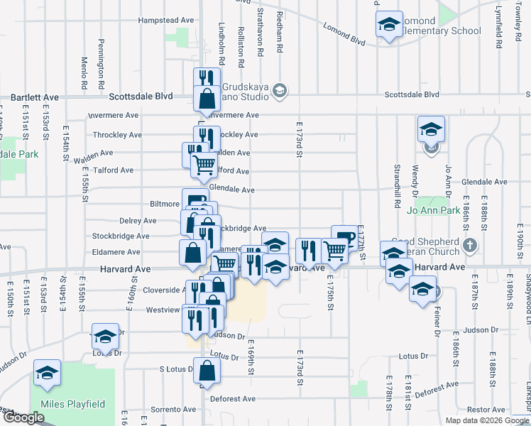 map of restaurants, bars, coffee shops, grocery stores, and more near 17002 Biltmore Avenue in Cleveland