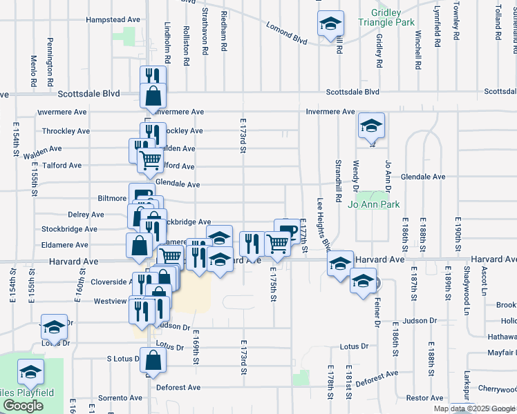 map of restaurants, bars, coffee shops, grocery stores, and more near 17324 Biltmore Avenue in Cleveland