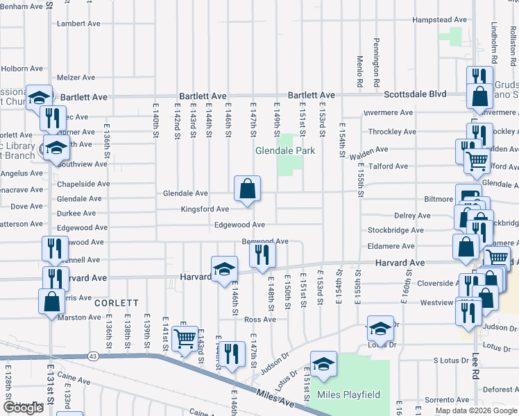 map of restaurants, bars, coffee shops, grocery stores, and more near 3926 East 149th Street in Cleveland