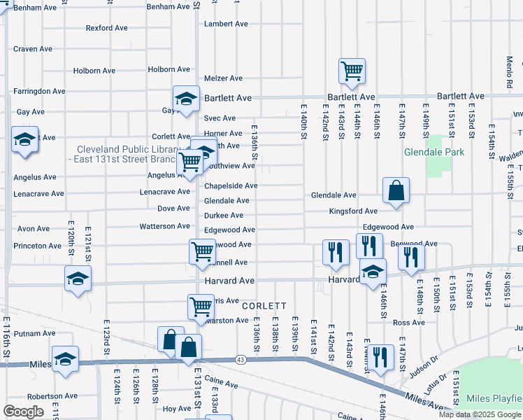 map of restaurants, bars, coffee shops, grocery stores, and more near 13710 Glendale Avenue in Cleveland