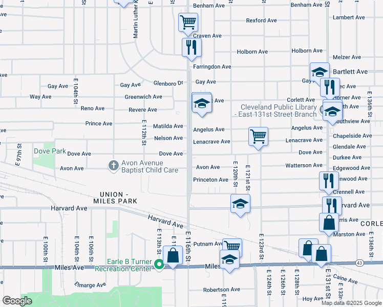 map of restaurants, bars, coffee shops, grocery stores, and more near 3892 Martin Luther King Junior Drive in Cleveland