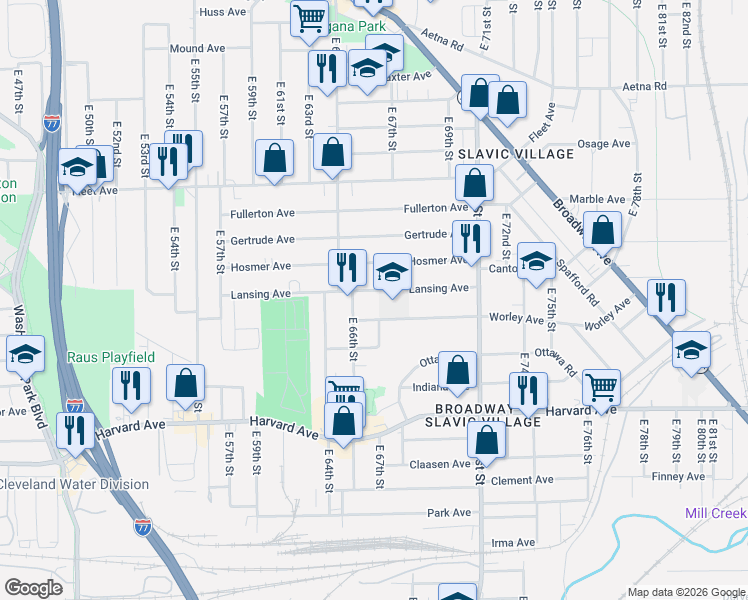map of restaurants, bars, coffee shops, grocery stores, and more near 6622 Lansing Avenue in Cleveland