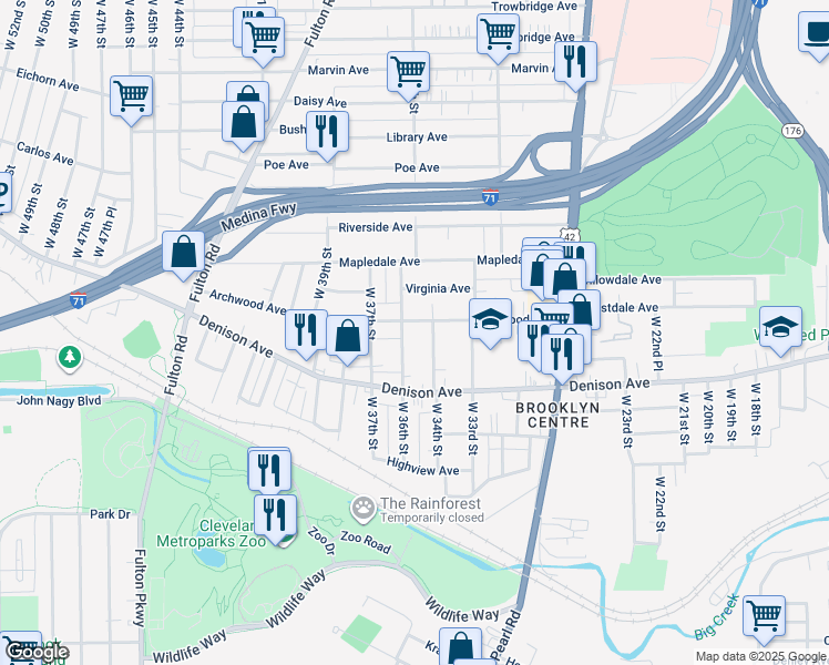 map of restaurants, bars, coffee shops, grocery stores, and more near 3603 Archwood Avenue in Cleveland