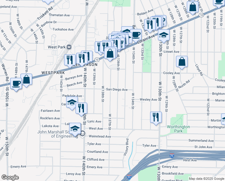 map of restaurants, bars, coffee shops, grocery stores, and more near 3746 West 136th Street in Cleveland