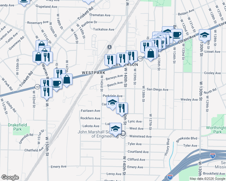 map of restaurants, bars, coffee shops, grocery stores, and more near 14116 San Diego Avenue in Cleveland