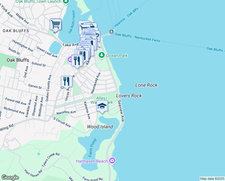 map of restaurants, bars, coffee shops, grocery stores, and more near 7 Tuckernuck Avenue in Oak Bluffs