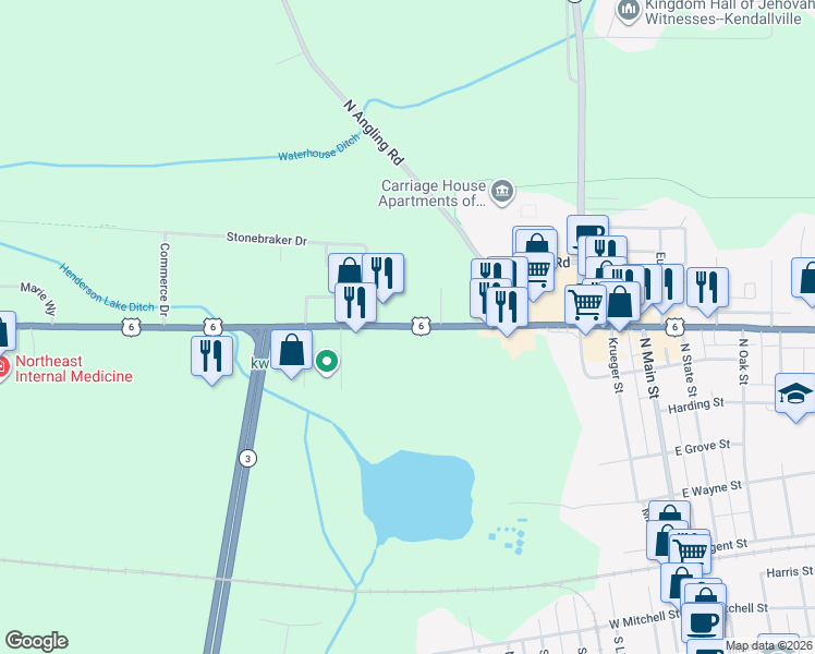 map of restaurants, bars, coffee shops, grocery stores, and more near North 3 in Kendallville