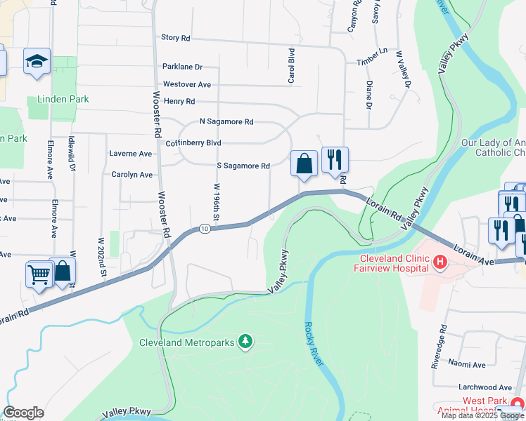 map of restaurants, bars, coffee shops, grocery stores, and more near 19340 Lorain Road in Fairview Park