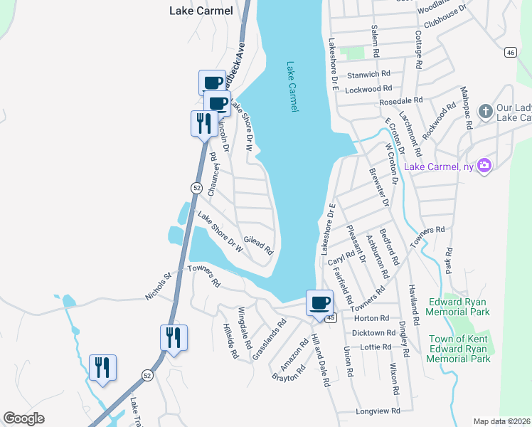 map of restaurants, bars, coffee shops, grocery stores, and more near 99 Lake Shore Drive West in Carmel Hamlet