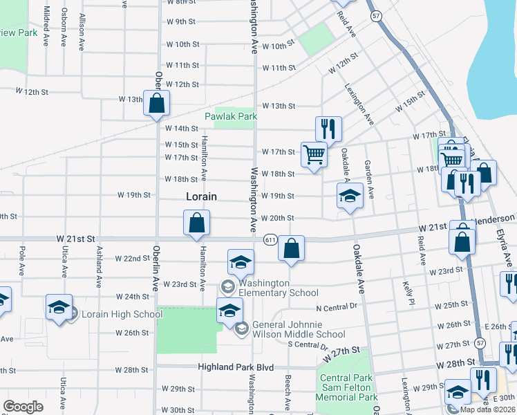 map of restaurants, bars, coffee shops, grocery stores, and more near 1927 Washington Avenue in Lorain