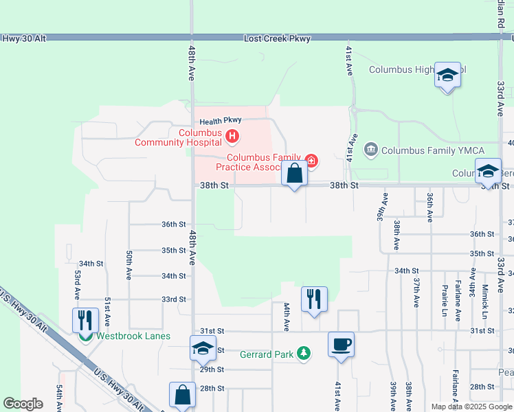 map of restaurants, bars, coffee shops, grocery stores, and more near 4515 38th Street in Columbus