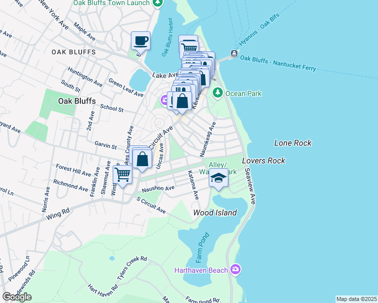 map of restaurants, bars, coffee shops, grocery stores, and more near 57 Tuckernuck Avenue in Oak Bluffs