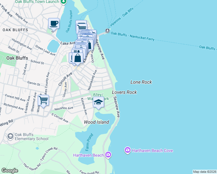 map of restaurants, bars, coffee shops, grocery stores, and more near 7 Tuckernuck Avenue in Oak Bluffs