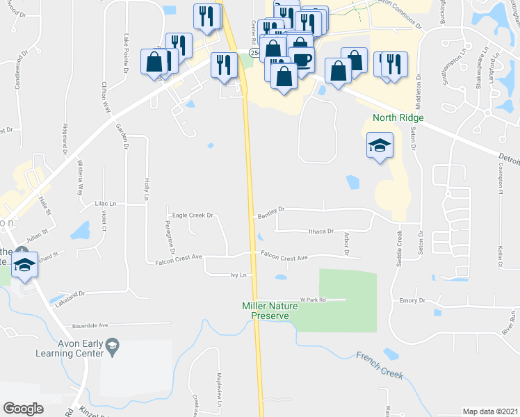 map of restaurants, bars, coffee shops, grocery stores, and more near 35996 Bentley Drive in Avon