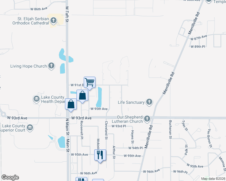 map of restaurants, bars, coffee shops, grocery stores, and more near 9123 Cleveland Street in Merrillville