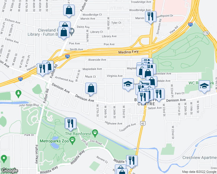 map of restaurants, bars, coffee shops, grocery stores, and more near 3505 Archwood Avenue in Cleveland