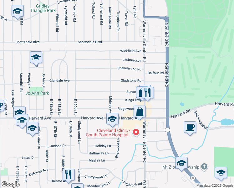 map of restaurants, bars, coffee shops, grocery stores, and more near 19808 Sunset Drive in Warrensville Heights
