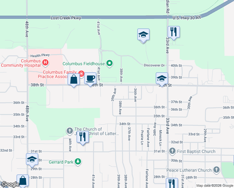 map of restaurants, bars, coffee shops, grocery stores, and more near 3763 39th Avenue in Columbus
