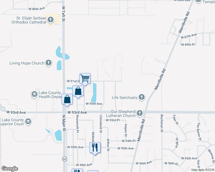 map of restaurants, bars, coffee shops, grocery stores, and more near 9123 Cleveland Street in Merrillville