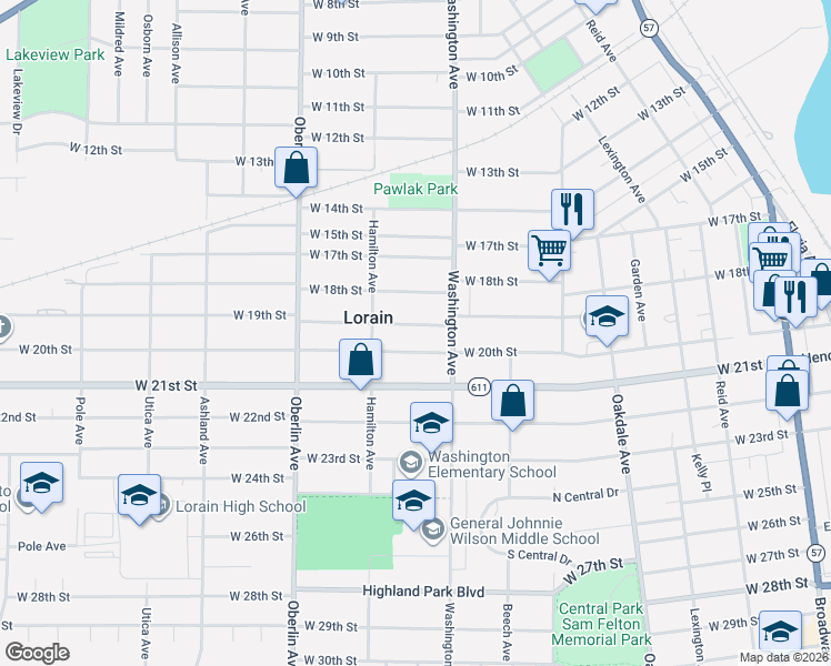 map of restaurants, bars, coffee shops, grocery stores, and more near 1031 W 19th St in Lorain