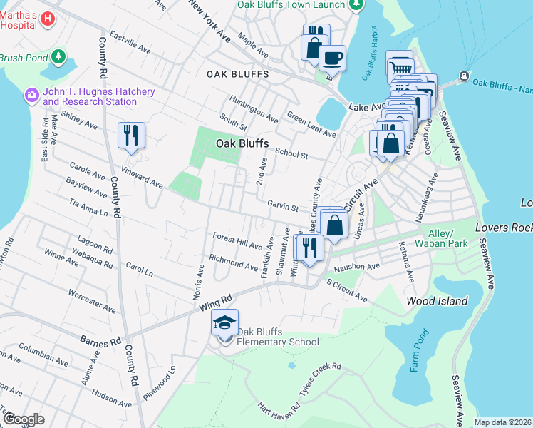 map of restaurants, bars, coffee shops, grocery stores, and more near 6 Franklin Street in Oak Bluffs
