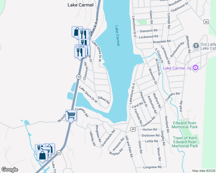 map of restaurants, bars, coffee shops, grocery stores, and more near 99 Lake Shore Drive West in Carmel Hamlet