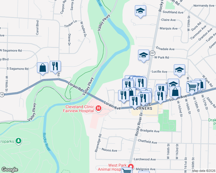 map of restaurants, bars, coffee shops, grocery stores, and more near 3701 West 179th Street in Cleveland