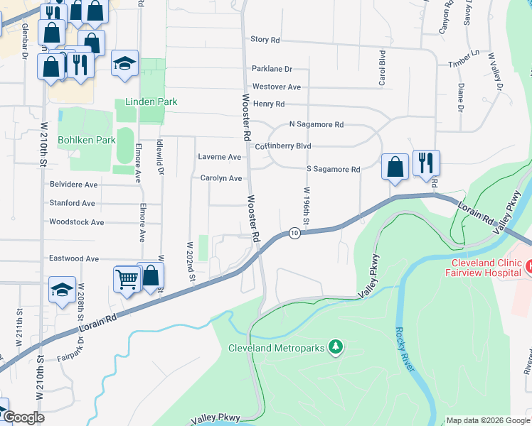 map of restaurants, bars, coffee shops, grocery stores, and more near 4325 Wooster Road in Fairview Park