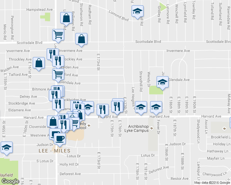 map of restaurants, bars, coffee shops, grocery stores, and more near 3922 East 176th Street in Cleveland