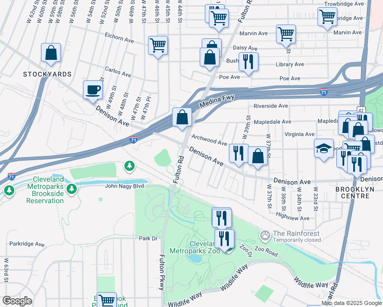 map of restaurants, bars, coffee shops, grocery stores, and more near 4403 Denison Avenue in Cleveland