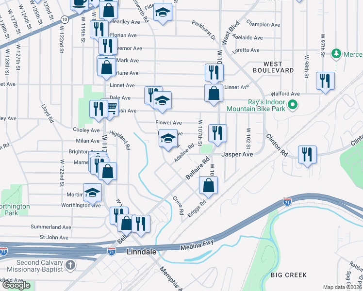 map of restaurants, bars, coffee shops, grocery stores, and more near 10914 Oliver Road in Cleveland