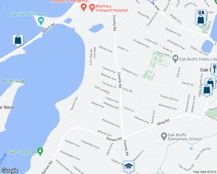 map of restaurants, bars, coffee shops, grocery stores, and more near 11 Tia Anna Lane in Oak Bluffs