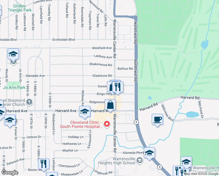 map of restaurants, bars, coffee shops, grocery stores, and more near 20212 Sunset Drive in Warrensville Heights