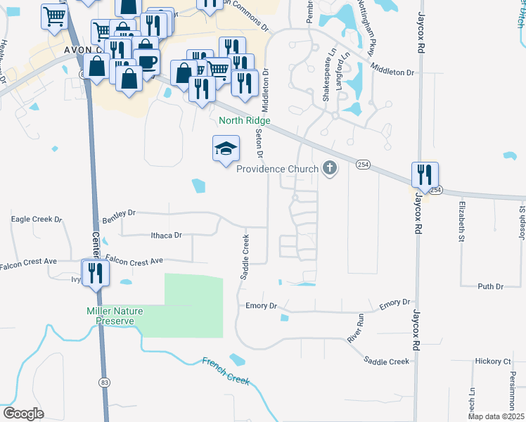 map of restaurants, bars, coffee shops, grocery stores, and more near 2568 Seton Drive in Avon