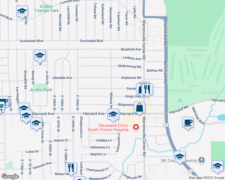 map of restaurants, bars, coffee shops, grocery stores, and more near 19808 Sunset Drive in Warrensville Heights